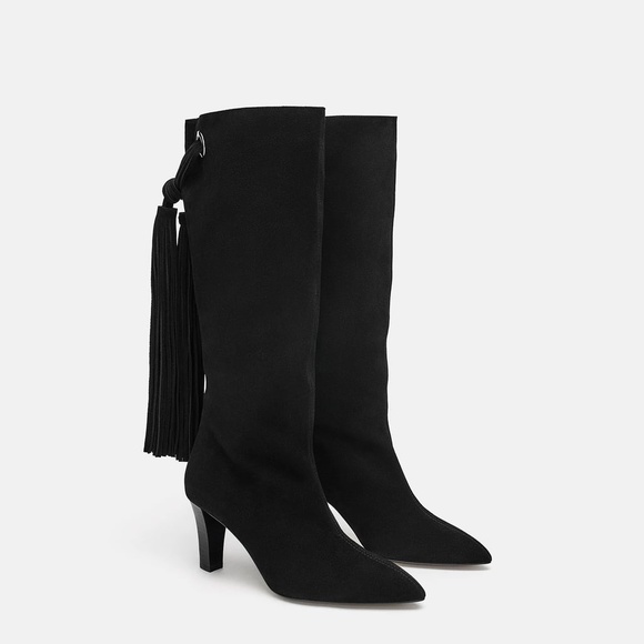 Zara Black Suede Fringe Leather Boots 38 39